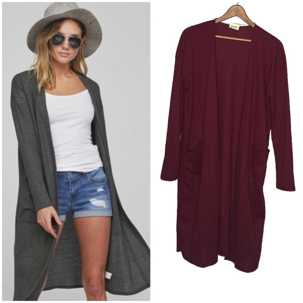 BiBi‎ Large L Burgundy Red Thermal Waffle Knit Duster Cardigan Sweater USA Made